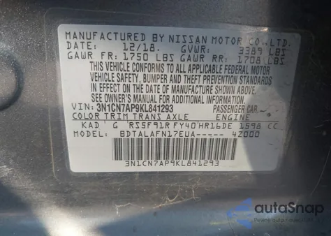 2019 Nissan Versa 1.6 S z USA, uszkodzony, nr VIN 3N1CN7AP9KL841293